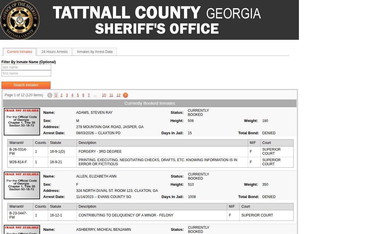 Tattnall current custody search for Evans County booking records