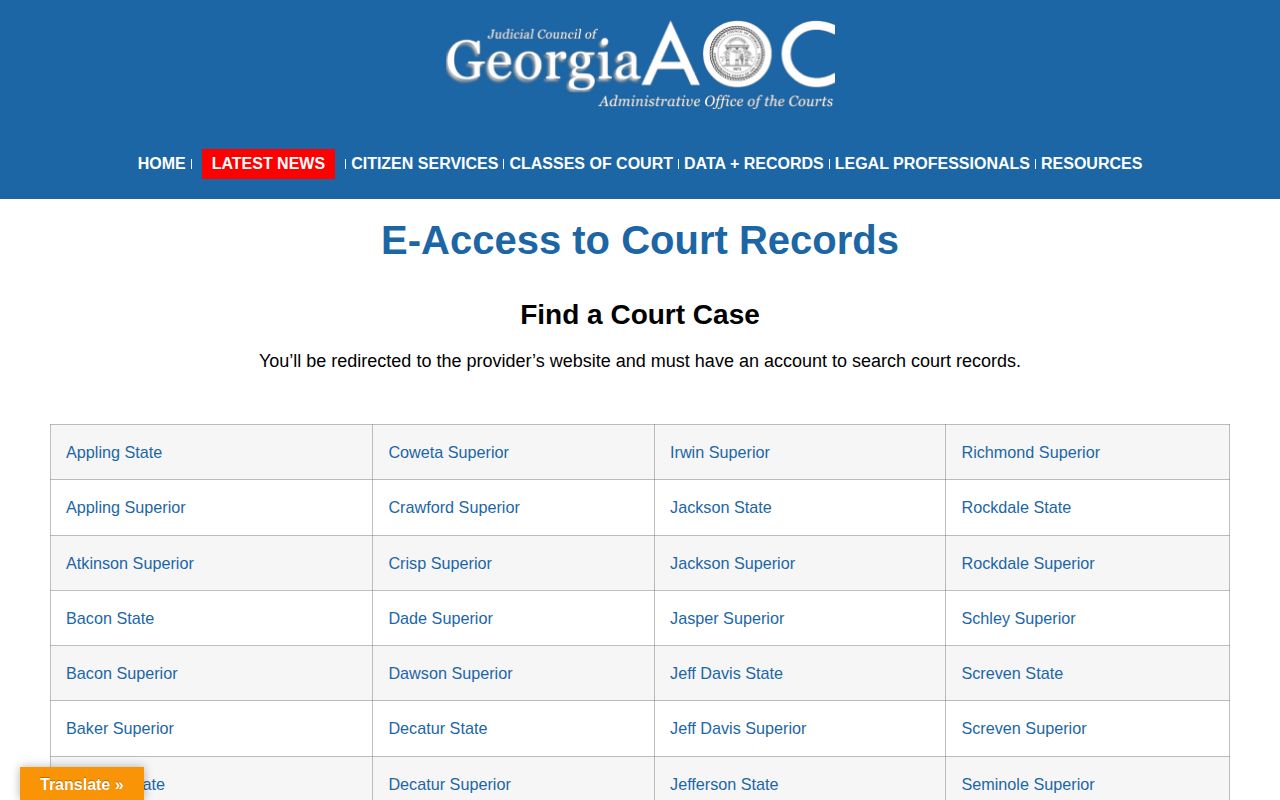 Georgia Courts eAccess gateway for Evans County case disposition searches