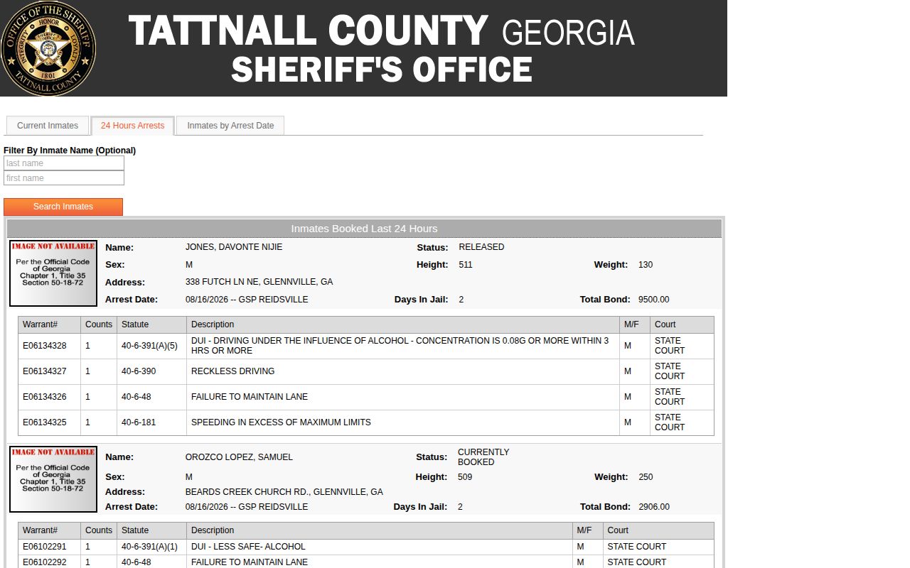 Tattnall 24-hour booking and release feed for Evans County arrests