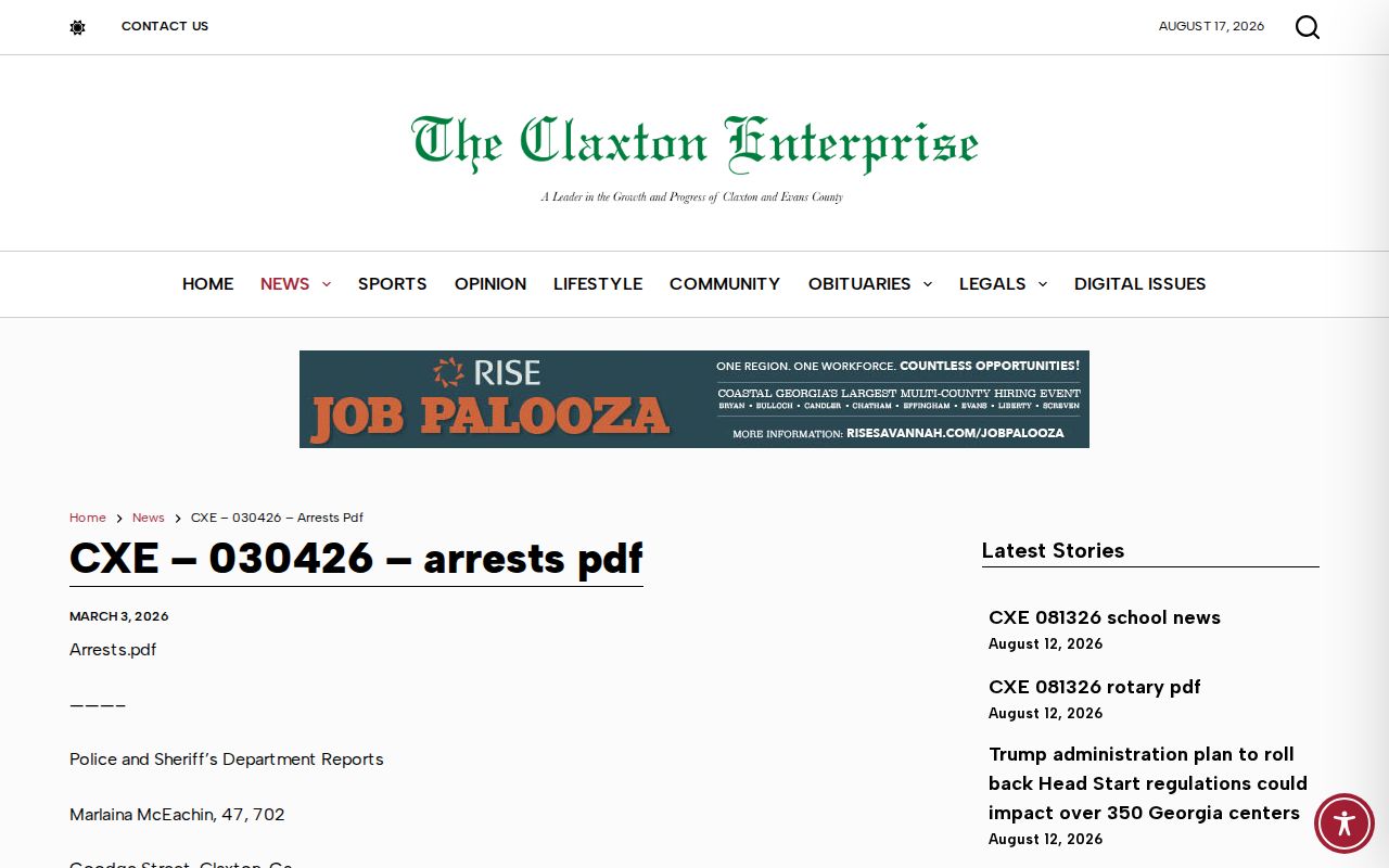 Claxton Enterprise local police and sheriff arrest roundup with Claxton record details