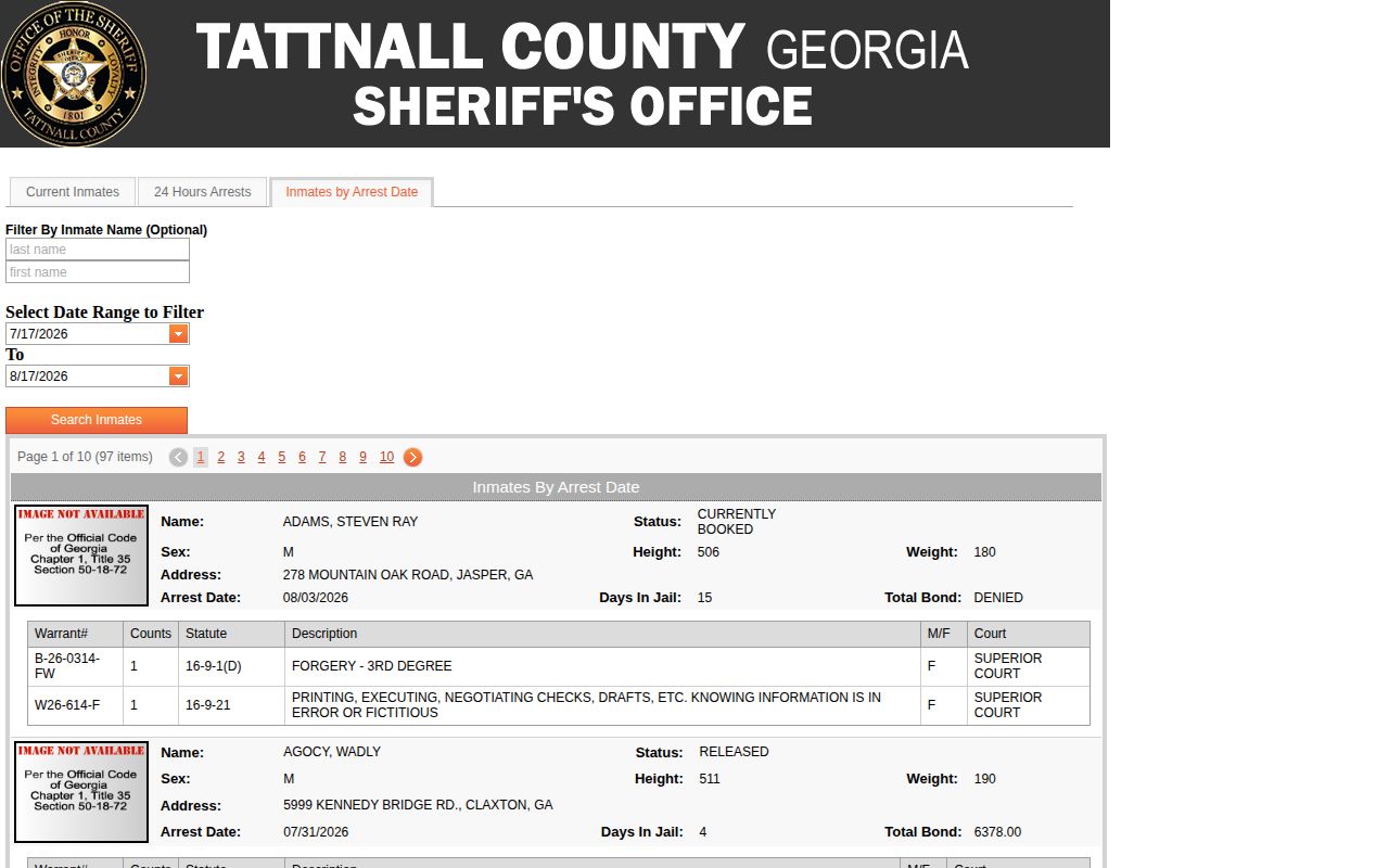 Tattnall multi-day arrest-date search for released Evans County booking records