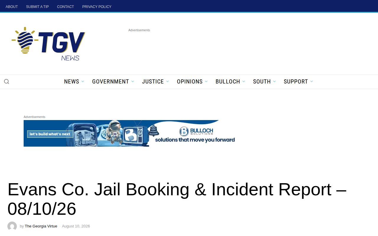 The Georgia Virtue recurring Evans County booking and incident report