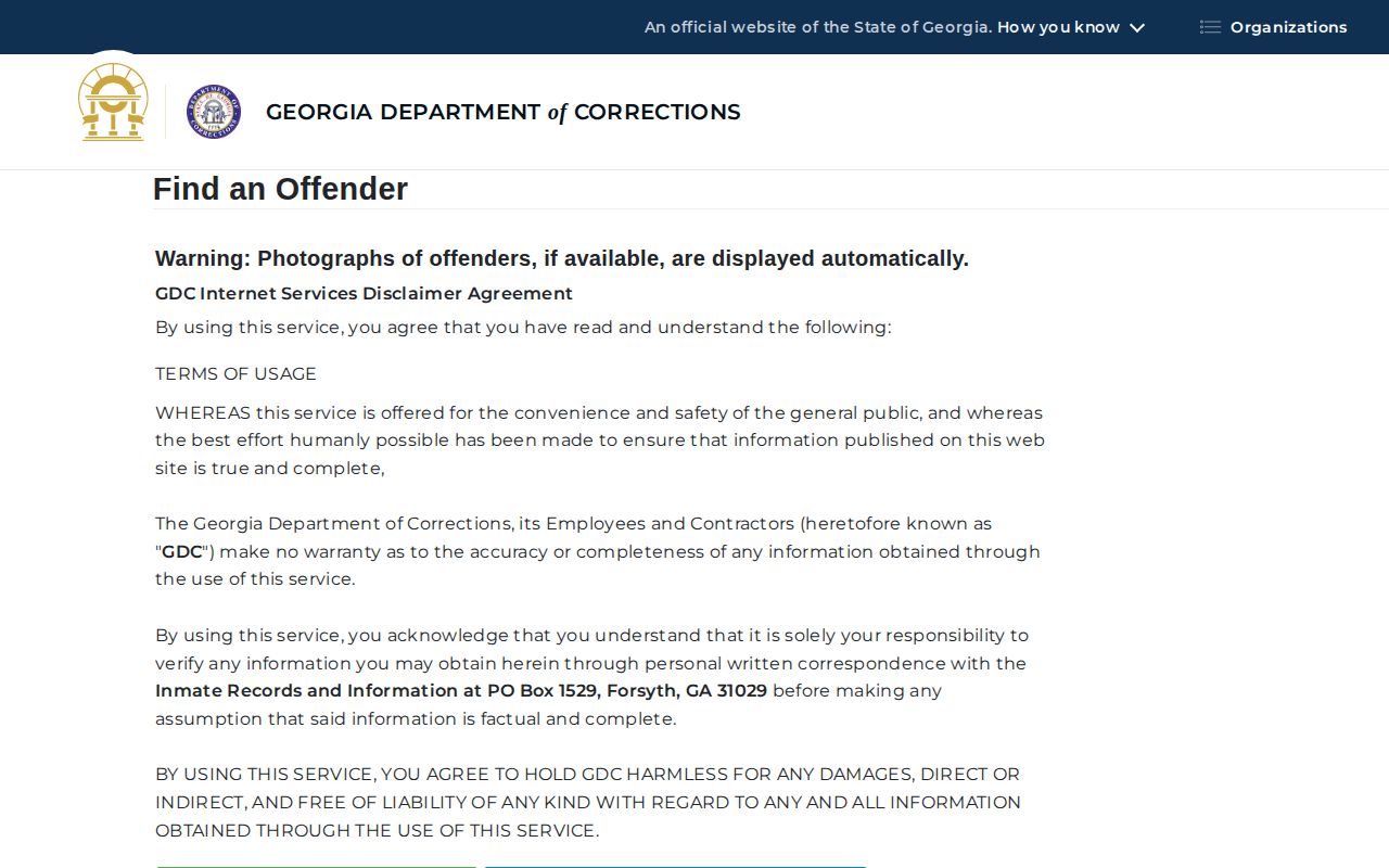 Georgia Department of Corrections offender search fields for later state custody